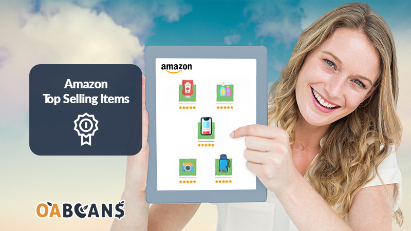 A woman is showing best selling products on Amazon on her tablet.