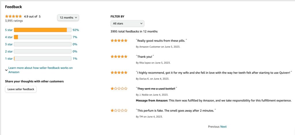 Amazon seller feedbacks panel in Amazon.