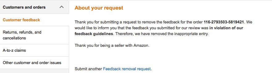 Request removal of feedbacks in Amazon.