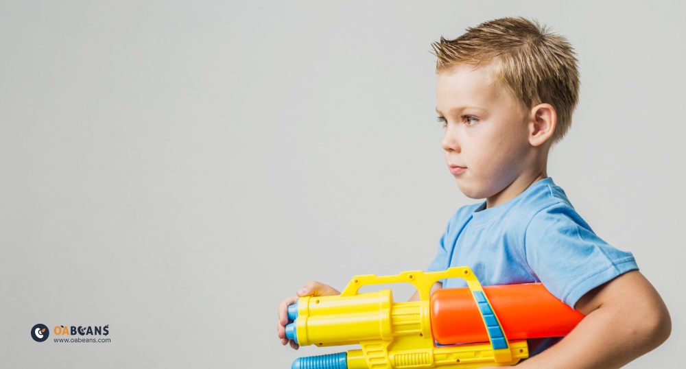Kid playing with neerf products.